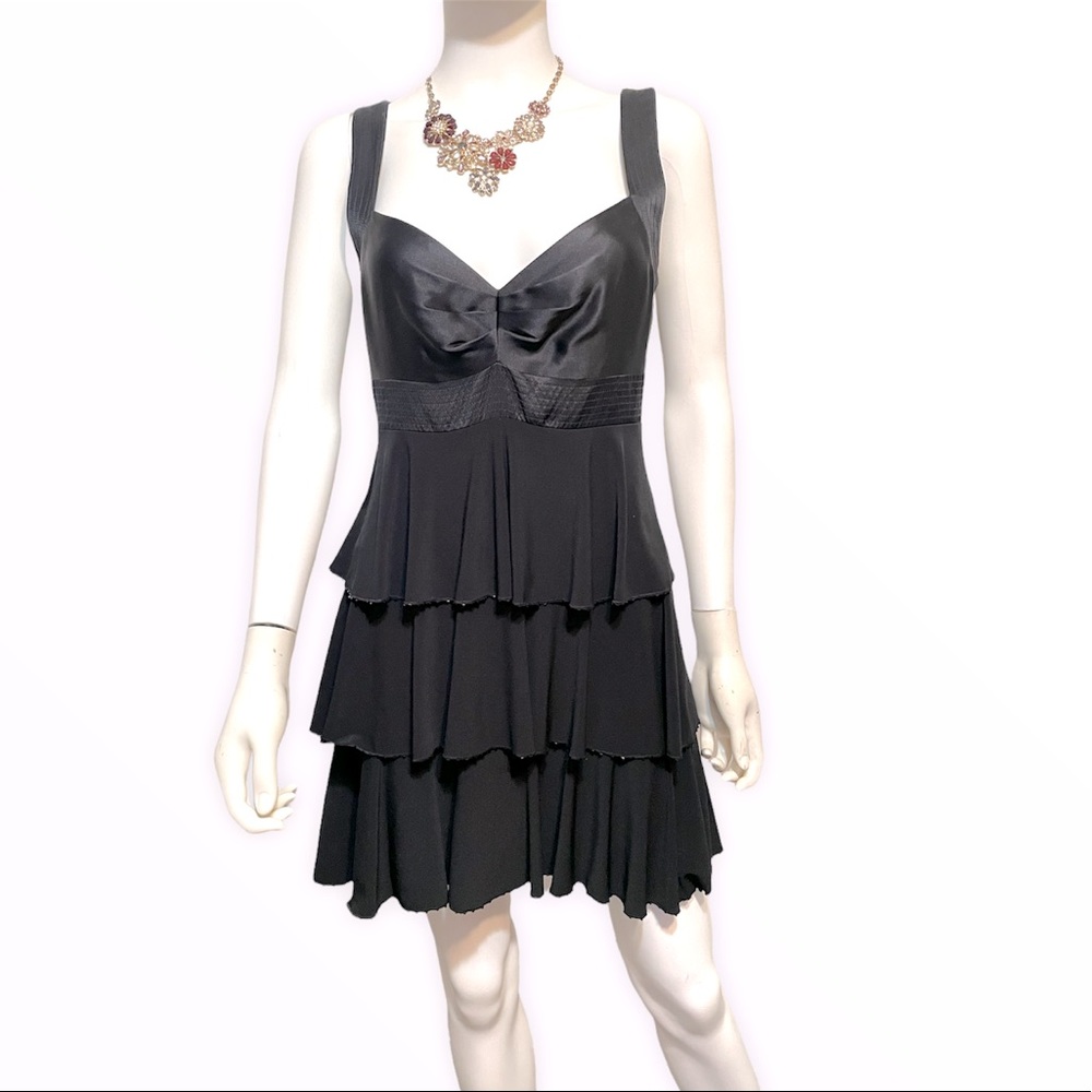 Laundry by Shelli Segal Black Sleeveless beaded layered ruffle mini cocktail Dr…
